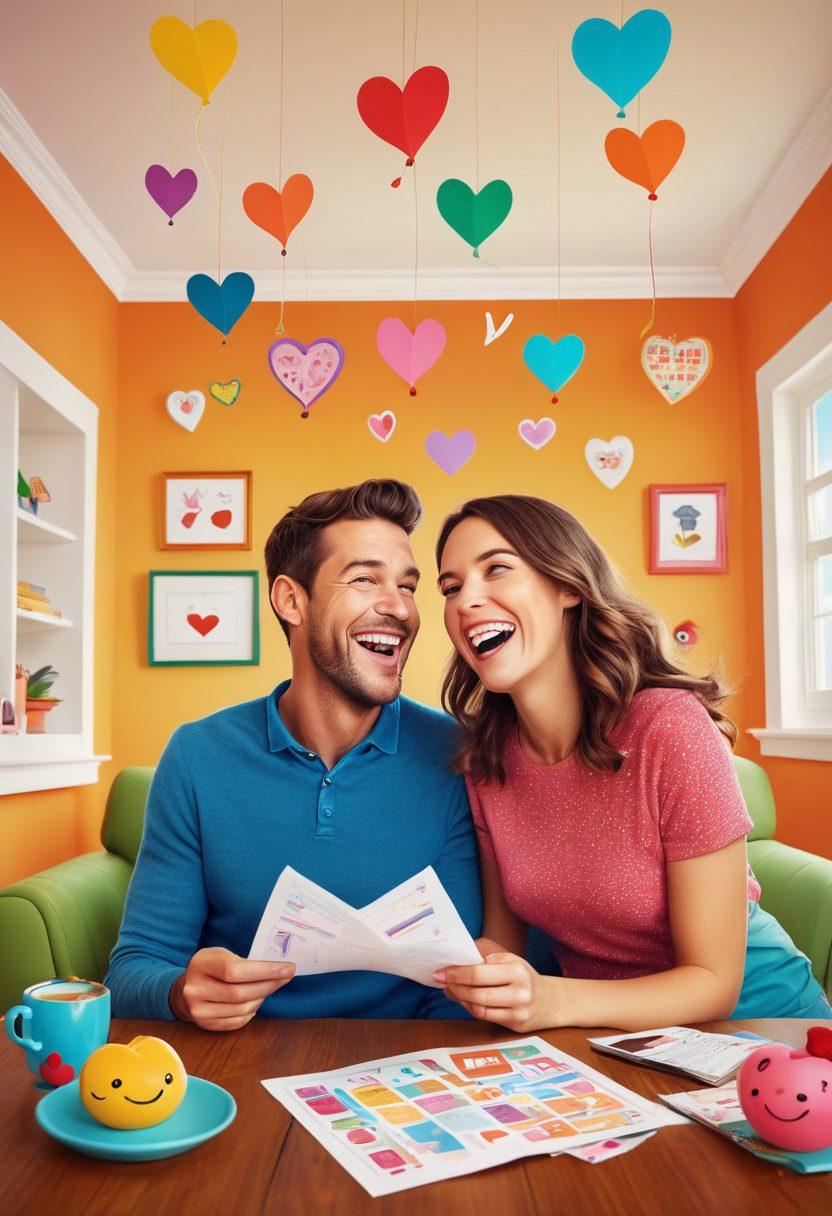 A whimsical illustration of a couple laughing together while reviewing a colorful insurance policy filled with humorous quotes and playful icons. The background showcases a cozy living room with quirky decorations and lighthearted elements like hearts and smiley faces. The couple should be depicted in a joyful, animated style, showing their connection and fun amidst the paperwork. vibrant colors. cartoon style.