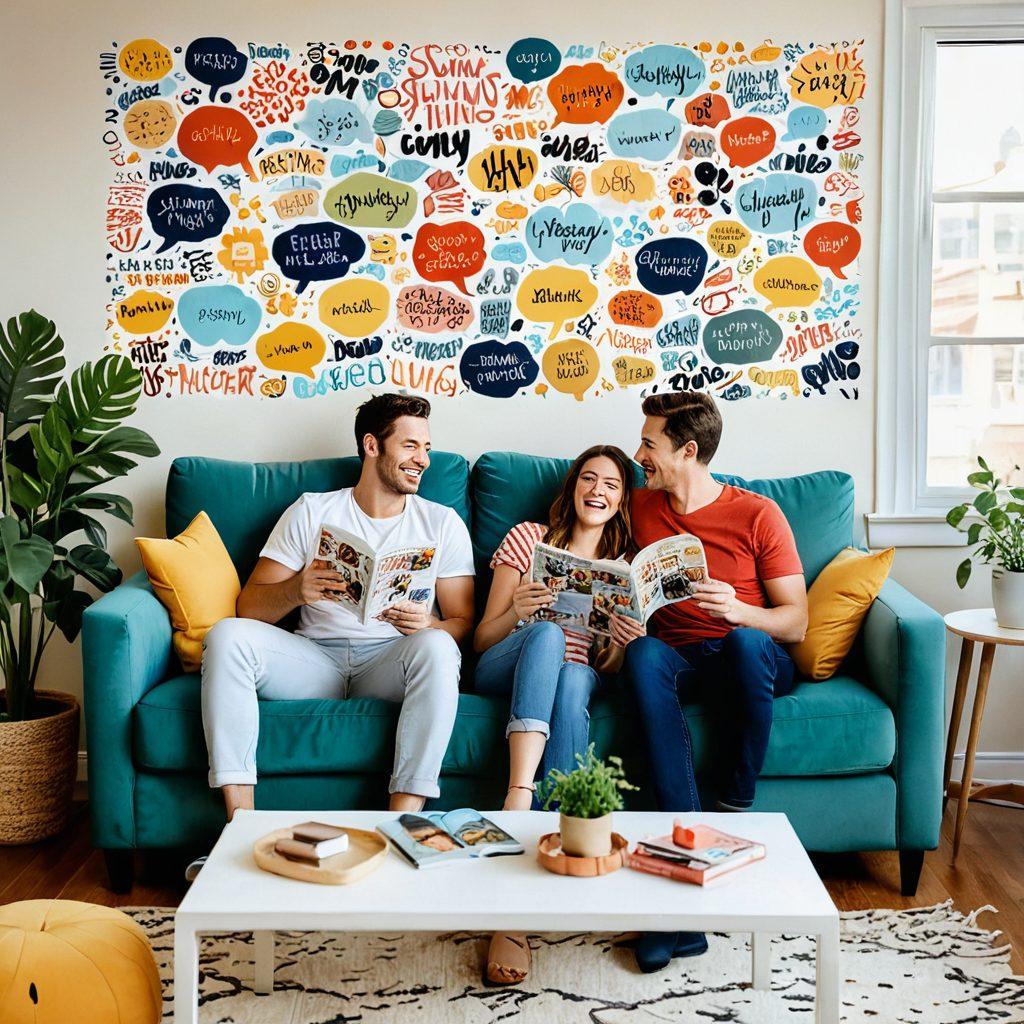 A playful couple sharing a heartfelt laugh while reading a humorous comic strip together. The backdrop showcases a cozy living room filled with laughter-related decor like funny quotes on the wall. The couple's expressive faces capture joy and connection, with a hint of comedic elements like cartoon speech bubbles floating around. Bright colors enhance the scene, making it vibrant and inviting. watercolor style. vibrant colors. cozy atmosphere.