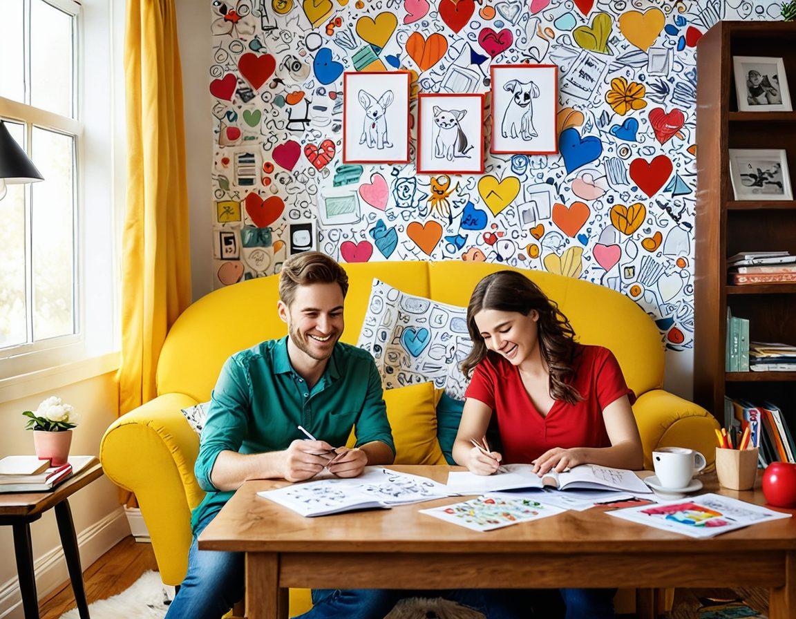 A cheerful couple playfully reading an insurance policy at a whimsical table overflowing with humorous doodles and quirky illustrations related to love and insurance. Their expressions should convey amusement and light-heartedness, with vibrant hearts and laughter floating around them. The background depicts a cozy, cartoonish living room filled with playful elements like cute pets and love notes. colorful, cartoon style. vibrant colors.